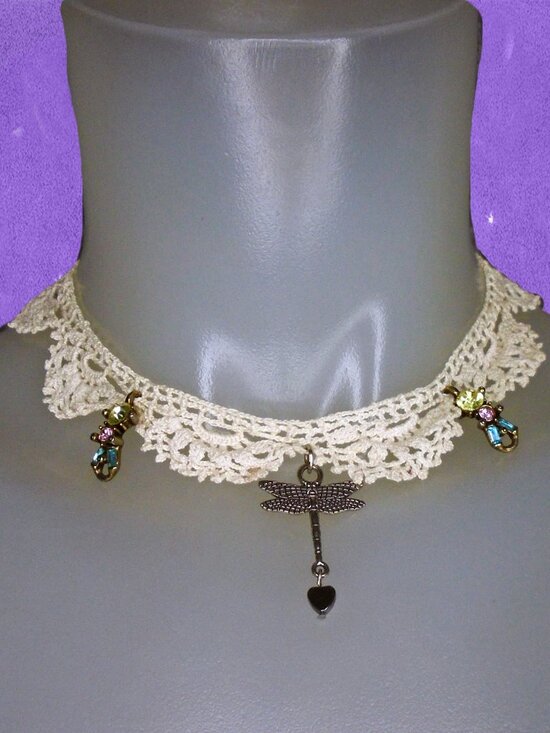 Handmade Jewelry - Crochet Lace Choker with Dragonfly Pendant